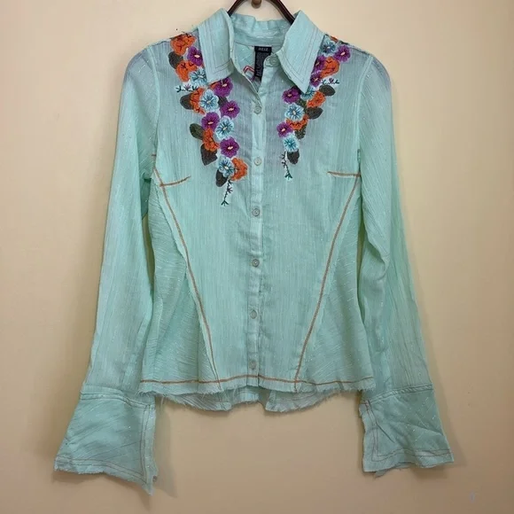 Aziz | Mint Green Floral Embroidered Metallic Thread Cotton Button Up Shirt M - Picture 8 of 17
